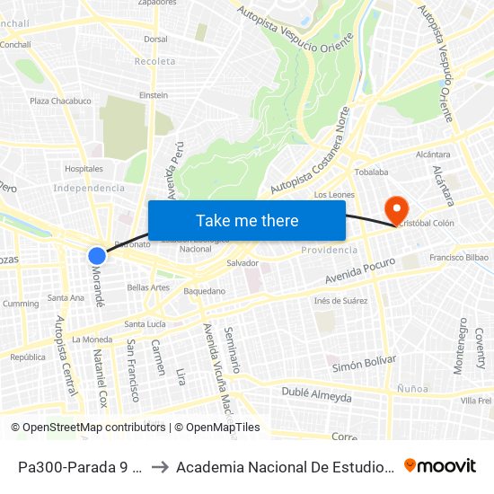 Pa300-Parada 9 / Estación Mapocho to Academia Nacional De Estudios Políticos Y Estratégicos (Anepe) map