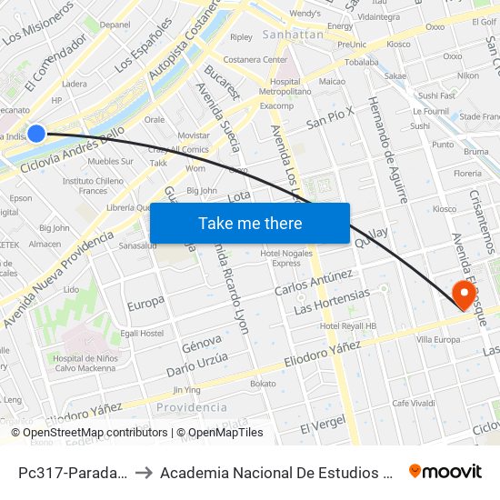 Pc317-Parada / Clínica Indisa to Academia Nacional De Estudios Políticos Y Estratégicos (Anepe) map