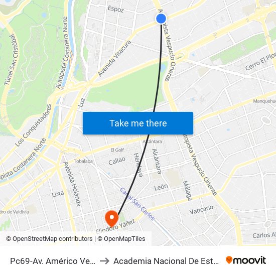 Pc69-Av. Américo Vespucio / Esq. Avenida Vitacura to Academia Nacional De Estudios Políticos Y Estratégicos (Anepe) map