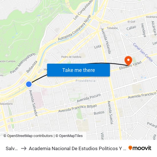 Salvador to Academia Nacional De Estudios Políticos Y Estratégicos (Anepe) map