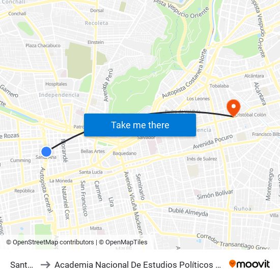 Santa Ana to Academia Nacional De Estudios Políticos Y Estratégicos (Anepe) map