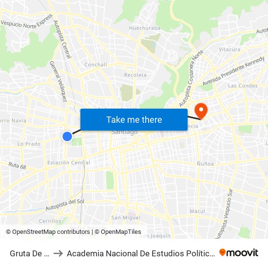 Gruta De Lourdes to Academia Nacional De Estudios Políticos Y Estratégicos (Anepe) map