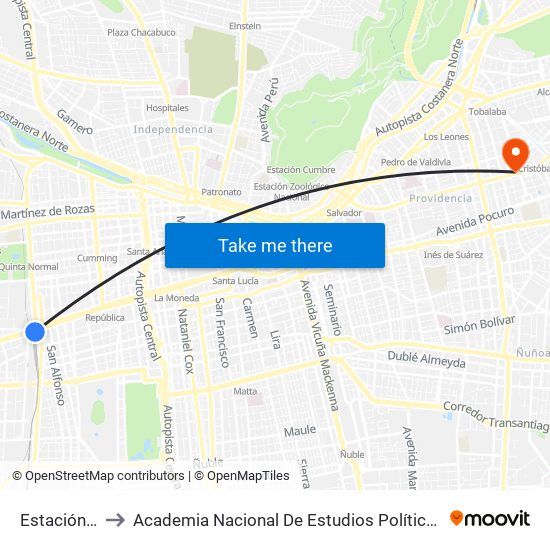 Estación Central to Academia Nacional De Estudios Políticos Y Estratégicos (Anepe) map