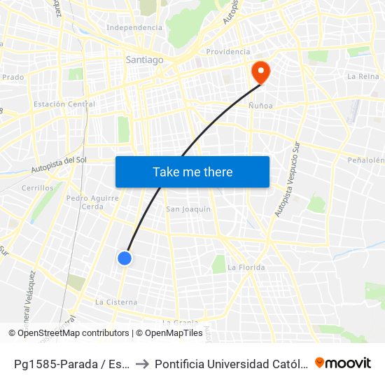 Pg1585-Parada / Est. Intermodal Lo Ovalle to Pontificia Universidad Católica De Chile (Campus Oriente) map