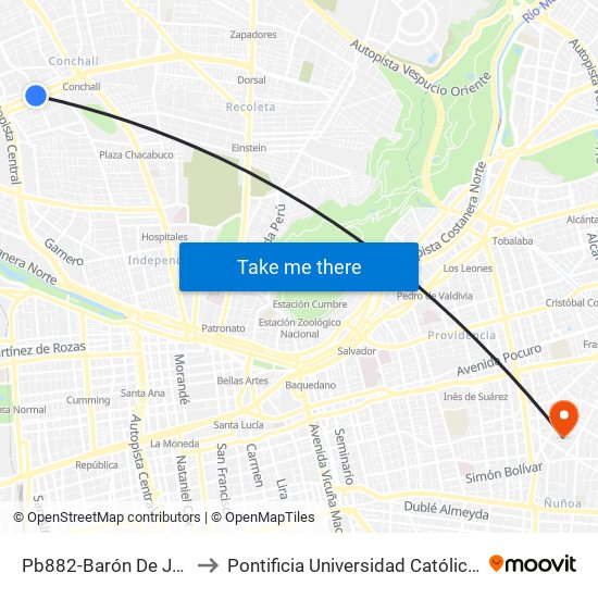 Pb882-Barón De Juras R. / Esq. Roma to Pontificia Universidad Católica De Chile (Campus Oriente) map