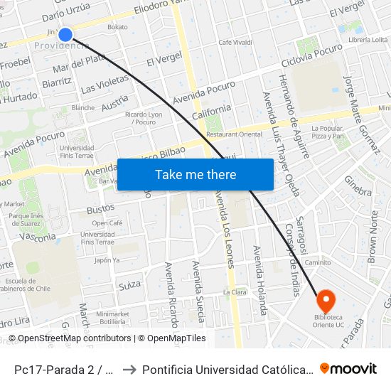 Pc17-Parada 2 / Muni.Providencia to Pontificia Universidad Católica De Chile (Campus Oriente) map