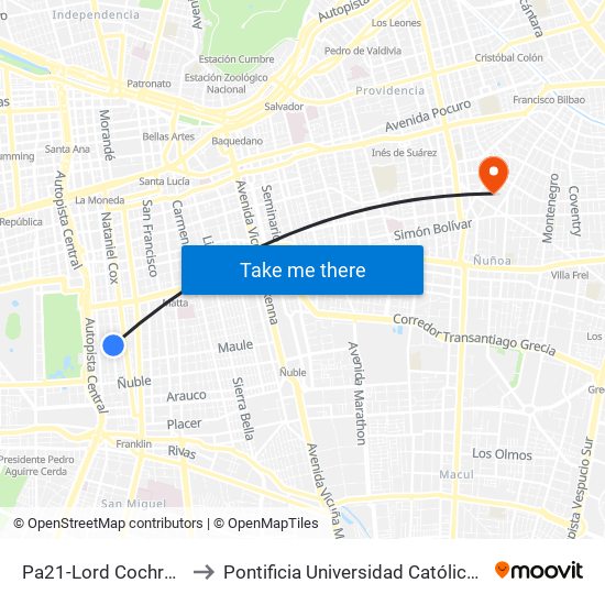 Pa21-Lord Cochrane / Esq. Victoria to Pontificia Universidad Católica De Chile (Campus Oriente) map