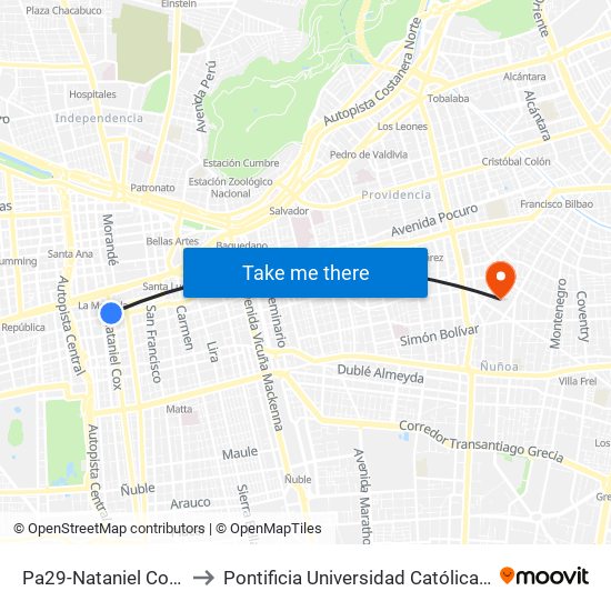 Pa29-Nataniel Cox / Esq. Tarapacá to Pontificia Universidad Católica De Chile (Campus Oriente) map