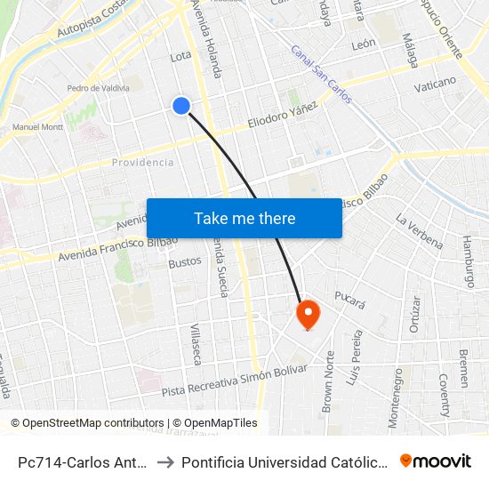 Pc714-Carlos Antúnez / Esq. Suecia to Pontificia Universidad Católica De Chile (Campus Oriente) map