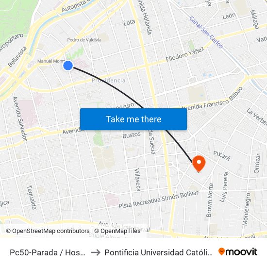 Pc50-Parada / Hospital Calvo Mackenna to Pontificia Universidad Católica De Chile (Campus Oriente) map
