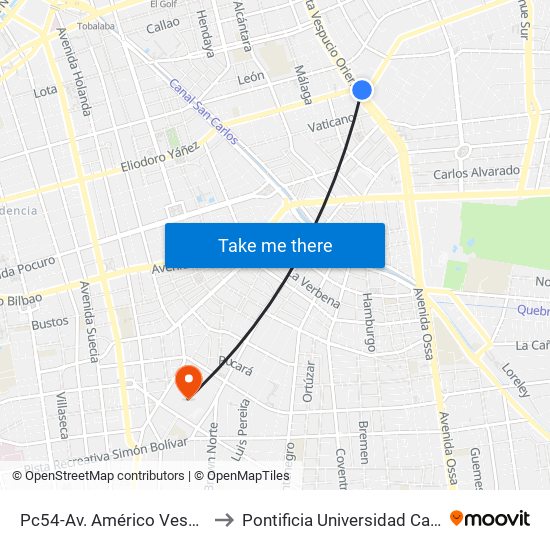 Pc54-Av. Américo Vespucio / Esq. Av. Cristóbal Colón to Pontificia Universidad Católica De Chile (Campus Oriente) map