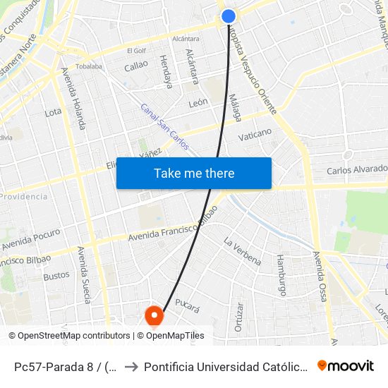 Pc57-Parada 8 / (M) Escuela Militar to Pontificia Universidad Católica De Chile (Campus Oriente) map