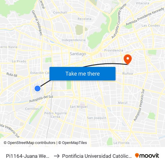 Pi1164-Juana Weber / Esq. Uspallata to Pontificia Universidad Católica De Chile (Campus Oriente) map