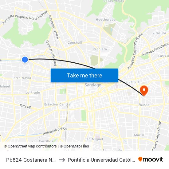 Pb824-Costanera Norte / Esq. Valle Alegre to Pontificia Universidad Católica De Chile (Campus Oriente) map