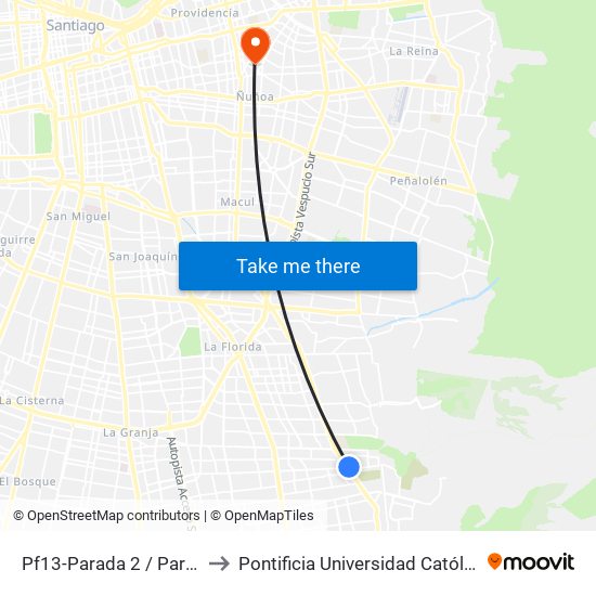 Pf13-Parada 2 / Paradero 23 Av. La Florida to Pontificia Universidad Católica De Chile (Campus Oriente) map