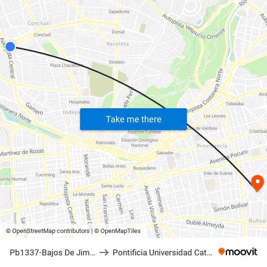 Pb1337-Bajos De Jiménez / Esq. 14 De La Fama to Pontificia Universidad Católica De Chile (Campus Oriente) map