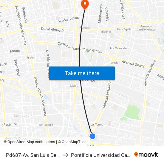 Pd687-Av. San Luis De Macul / Esq. Av. A. Vespucio to Pontificia Universidad Católica De Chile (Campus Oriente) map