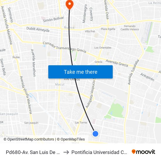 Pd680-Av. San Luis De Macul / Esq. Pasaje Peatones 3 to Pontificia Universidad Católica De Chile (Campus Oriente) map