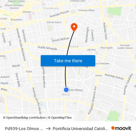 Pd939-Los Olmos / Esq. Avenida Macul to Pontificia Universidad Católica De Chile (Campus Oriente) map