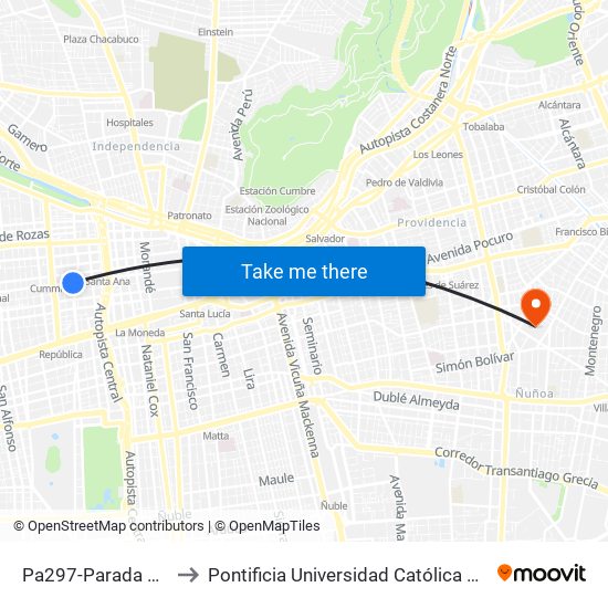 Pa297-Parada 1 / Plaza Brasil to Pontificia Universidad Católica De Chile (Campus Oriente) map