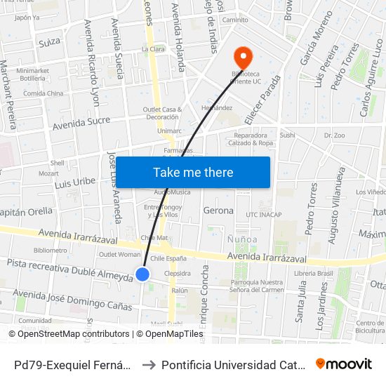 Pd79-Exequiel Fernández / Esq. Dublé Almeyda to Pontificia Universidad Católica De Chile (Campus Oriente) map