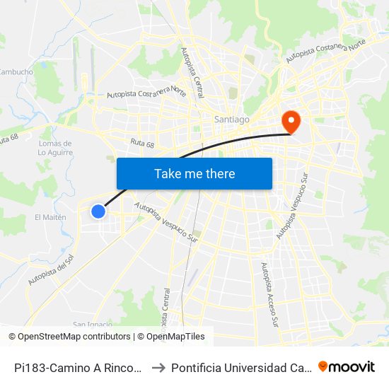 Pi183-Camino A Rinconada / Esq. Avenida 3 Poniente to Pontificia Universidad Católica De Chile (Campus Oriente) map