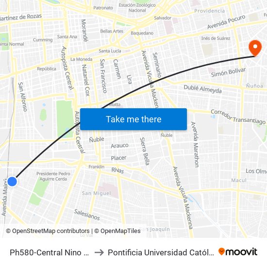 Ph580-Central Nino García / Esq. Mariquina to Pontificia Universidad Católica De Chile (Campus Oriente) map
