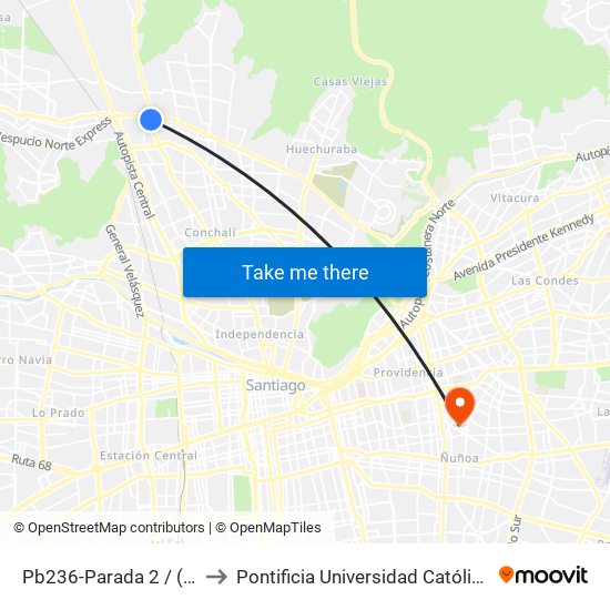 Pb236-Parada 2 / (M) Los Libertadores to Pontificia Universidad Católica De Chile (Campus Oriente) map
