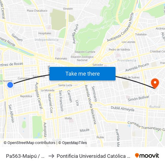 Pa563-Maipú / Esq. Agustinas to Pontificia Universidad Católica De Chile (Campus Oriente) map