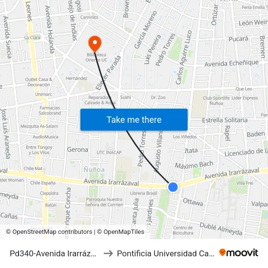 Pd340-Avenida Irarrázaval / Esq. Juan Moya Morales to Pontificia Universidad Católica De Chile (Campus Oriente) map