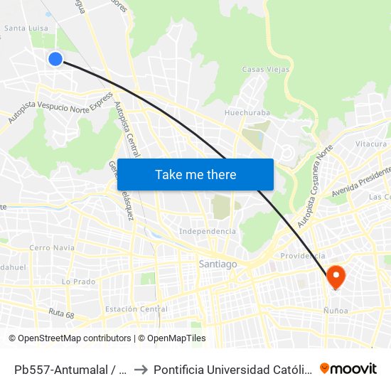 Pb557-Antumalal / Esq. Lib. B. O'Higgins to Pontificia Universidad Católica De Chile (Campus Oriente) map