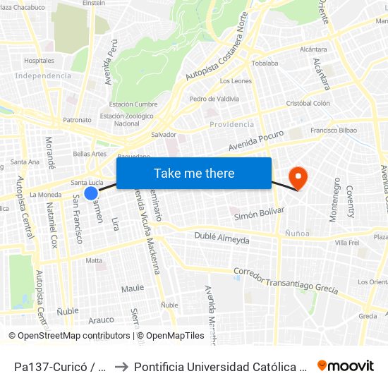 Pa137-Curicó / Esq. San Isidro to Pontificia Universidad Católica De Chile (Campus Oriente) map