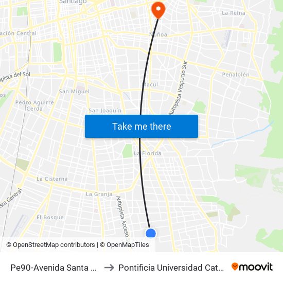 Pe90-Avenida Santa Raquel / Esq. Rafael Matus to Pontificia Universidad Católica De Chile (Campus Oriente) map