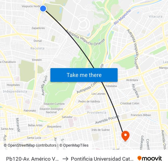 Pb120-Av. Américo Vespucio / Esq. Av. Recoleta to Pontificia Universidad Católica De Chile (Campus Oriente) map