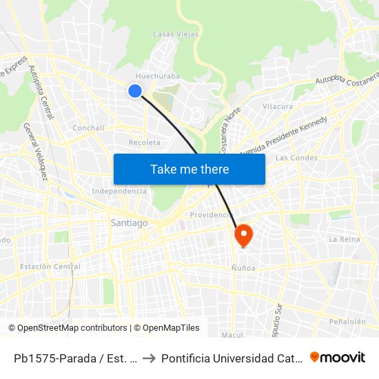 Pb1575-Parada / Est. Intermodal Vespucio Norte to Pontificia Universidad Católica De Chile (Campus Oriente) map