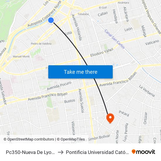 Pc350-Nueva De Lyon / Esq. Av. Andrés Bello to Pontificia Universidad Católica De Chile (Campus Oriente) map