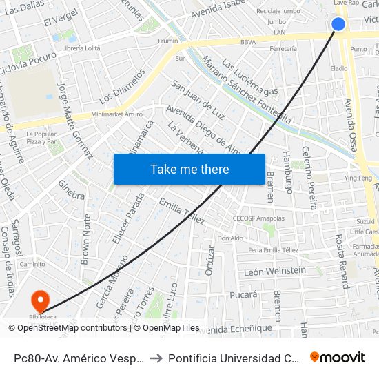 Pc80-Av. Américo Vespucio / Esq. Av. Francisco Bilbao to Pontificia Universidad Católica De Chile (Campus Oriente) map