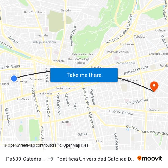 Pa689-Catedral / Esq. Cueto to Pontificia Universidad Católica De Chile (Campus Oriente) map