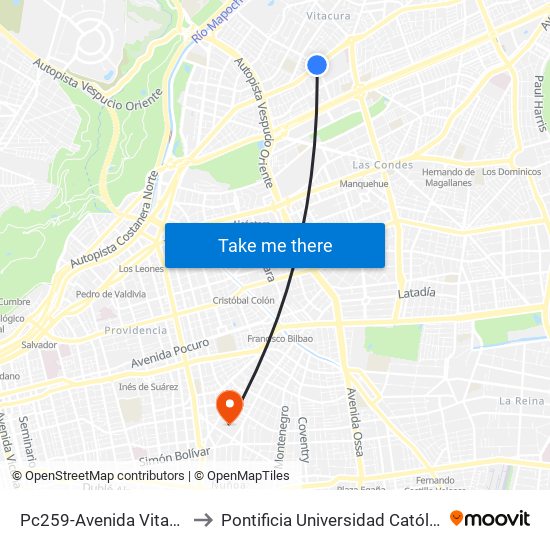 Pc259-Avenida Vitacura / Esq. Luis Carrera to Pontificia Universidad Católica De Chile (Campus Oriente) map