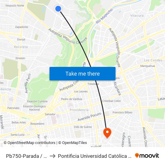 Pb750-Parada / Espacio Riesco to Pontificia Universidad Católica De Chile (Campus Oriente) map