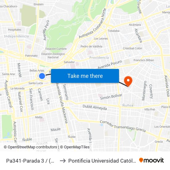 Pa341-Parada 3 / (M) Universidad Católica to Pontificia Universidad Católica De Chile (Campus Oriente) map