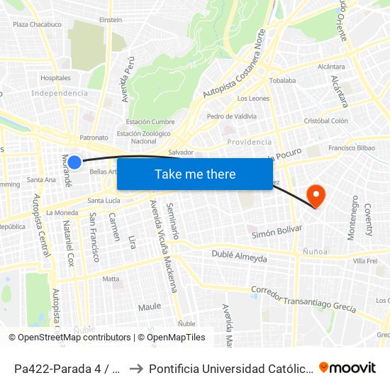 Pa422-Parada 4 / (M) Plaza De Armas to Pontificia Universidad Católica De Chile (Campus Oriente) map