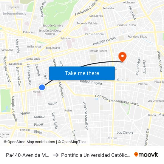 Pa440-Avenida Matta / Esq. Carmen to Pontificia Universidad Católica De Chile (Campus Oriente) map