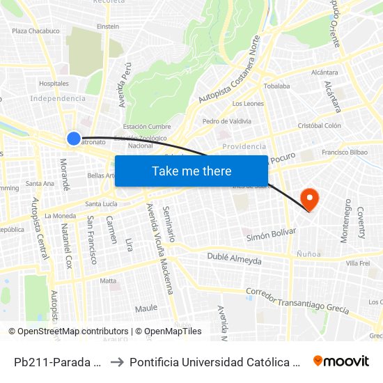 Pb211-Parada / Vega Central to Pontificia Universidad Católica De Chile (Campus Oriente) map