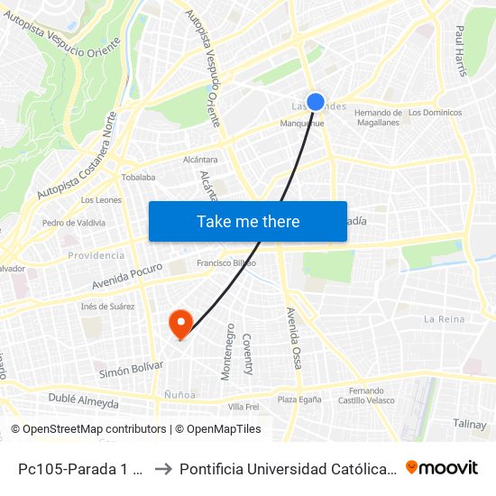Pc105-Parada 1 / (M) Manquehue to Pontificia Universidad Católica De Chile (Campus Oriente) map