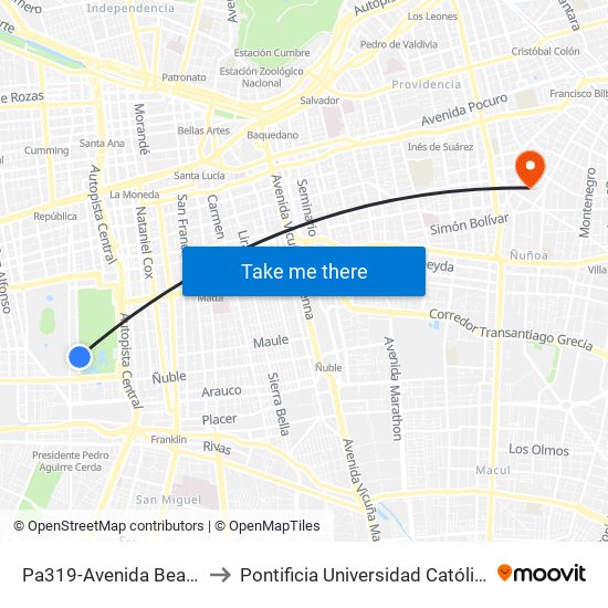 Pa319-Avenida Beaucheff / Esq. Marsella to Pontificia Universidad Católica De Chile (Campus Oriente) map