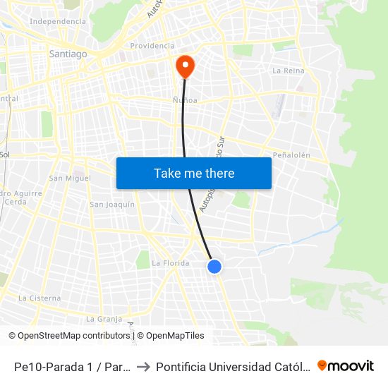 Pe10-Parada 1 / Paradero 14 Av. La Florida to Pontificia Universidad Católica De Chile (Campus Oriente) map