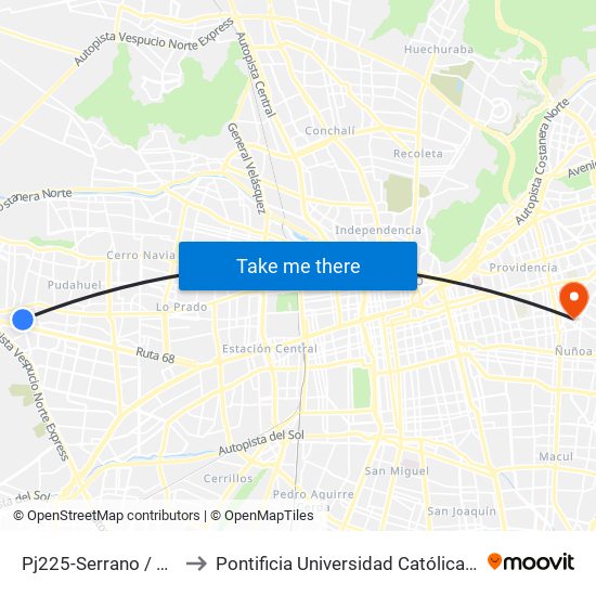 Pj225-Serrano / Esq. Demóstenes to Pontificia Universidad Católica De Chile (Campus Oriente) map