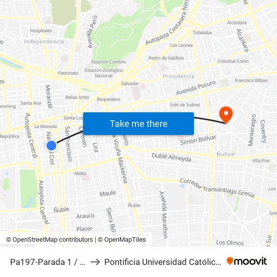 Pa197-Parada 1 / (M) Pque. Almagro to Pontificia Universidad Católica De Chile (Campus Oriente) map