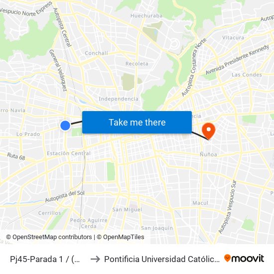 Pj45-Parada 1 / (M) Gruta De Lourdes to Pontificia Universidad Católica De Chile (Campus Oriente) map